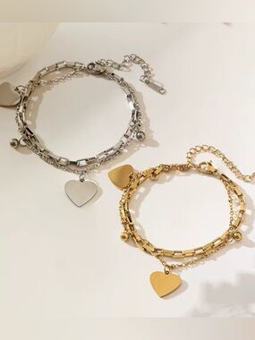 Dual-Tone Heart Charm Layered Bracelet Set - Gold & Silver